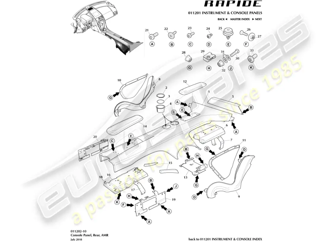 aston martin rapide (2012) rear console, amr parts diagram