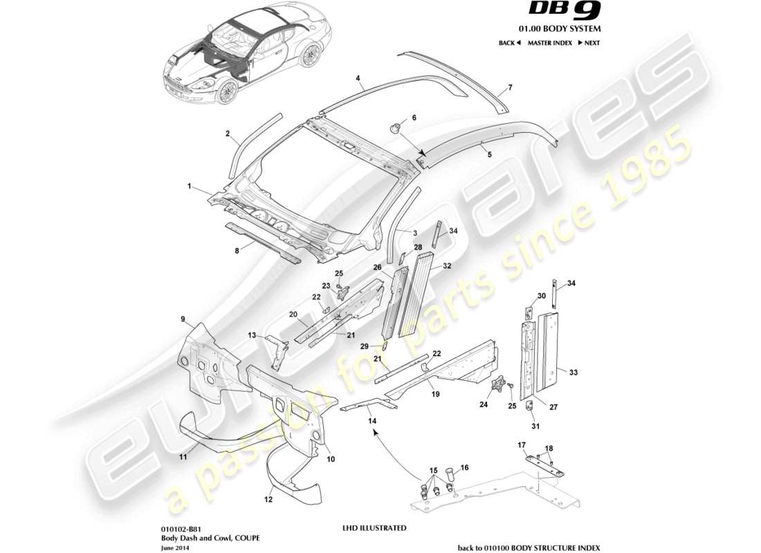 aston martin db9 (2006) body dash and cowl, coupe part diagram