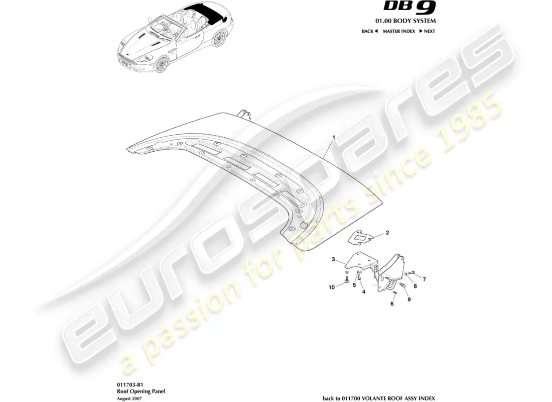 aston martin db9 (2007) roof opening panel parts diagram