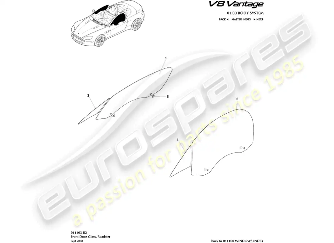 aston martin v8 vantage (2015) door glass, roadster part diagram