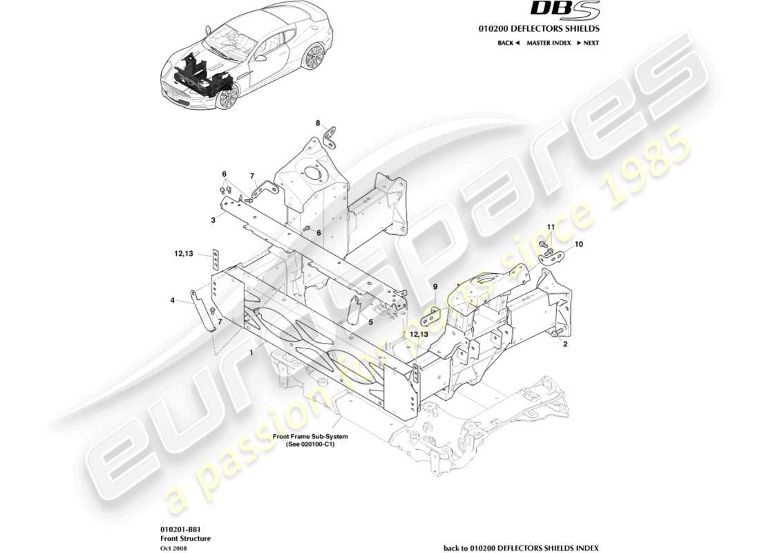 aston martin dbs (2008) front structure part diagram