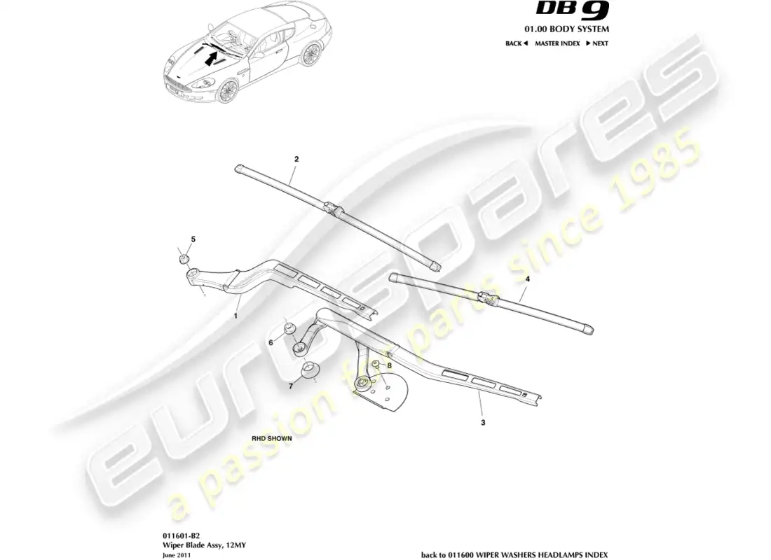 aston martin db9 (2012) wiper blade assembly, 12my parts diagram