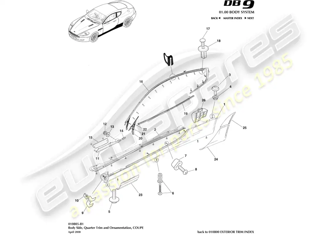 aston martin db9 (2005) bodyside & quarter trim, coupe parts diagram