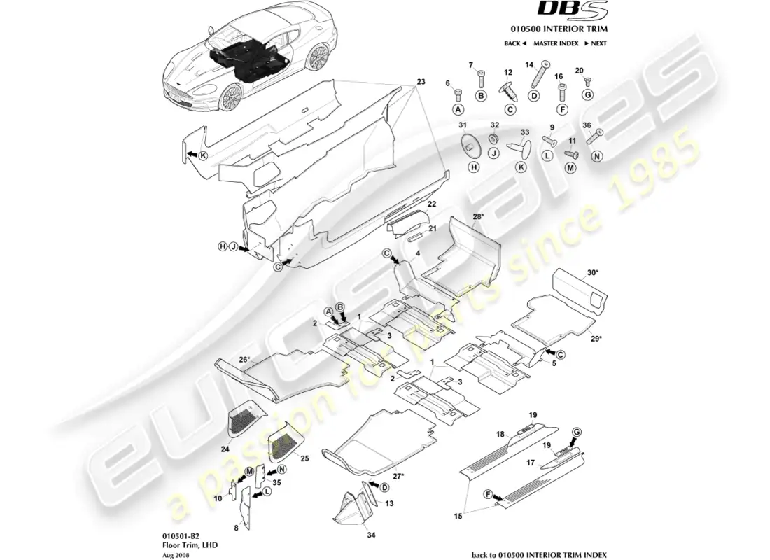 aston martin dbs (2009) floor trim, lhd parts diagram