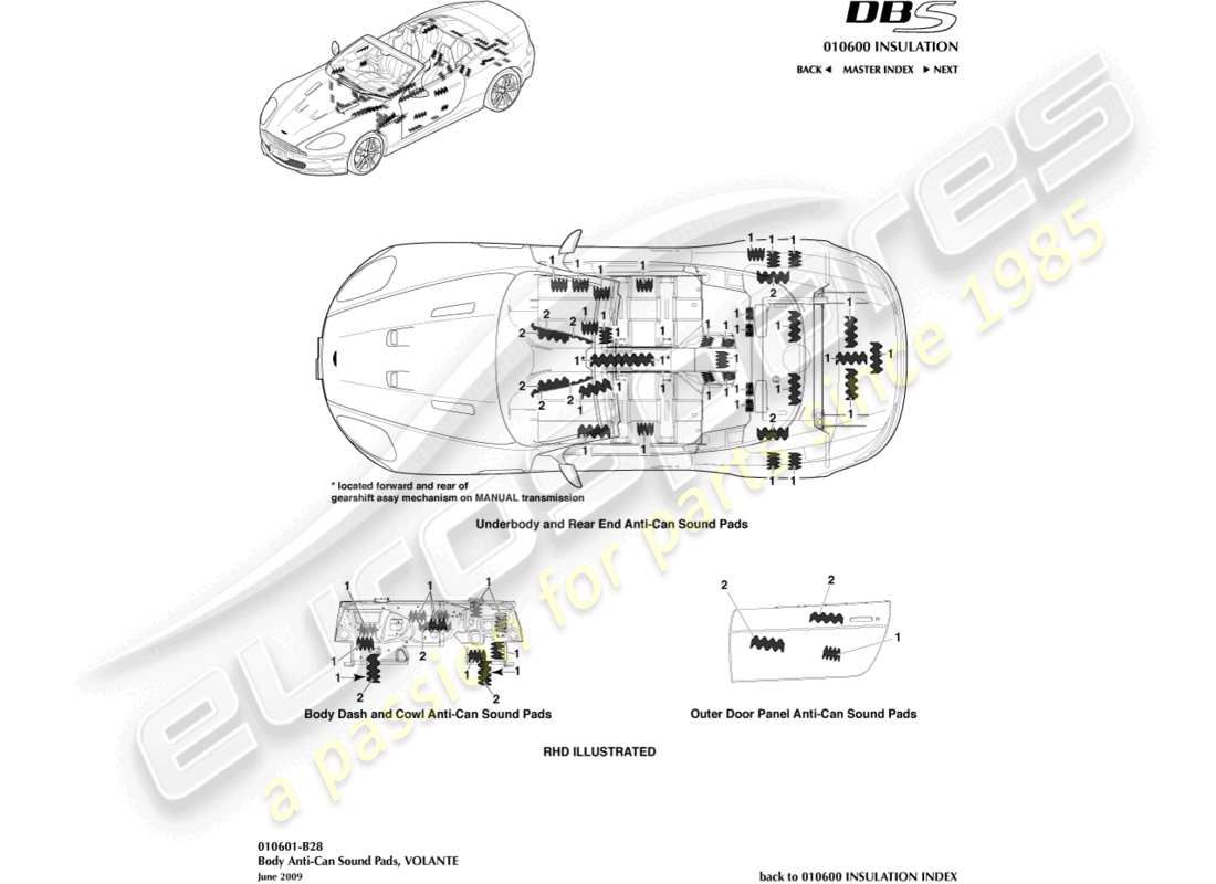 aston martin dbs (2008) anti-can sound pads, volante part diagram