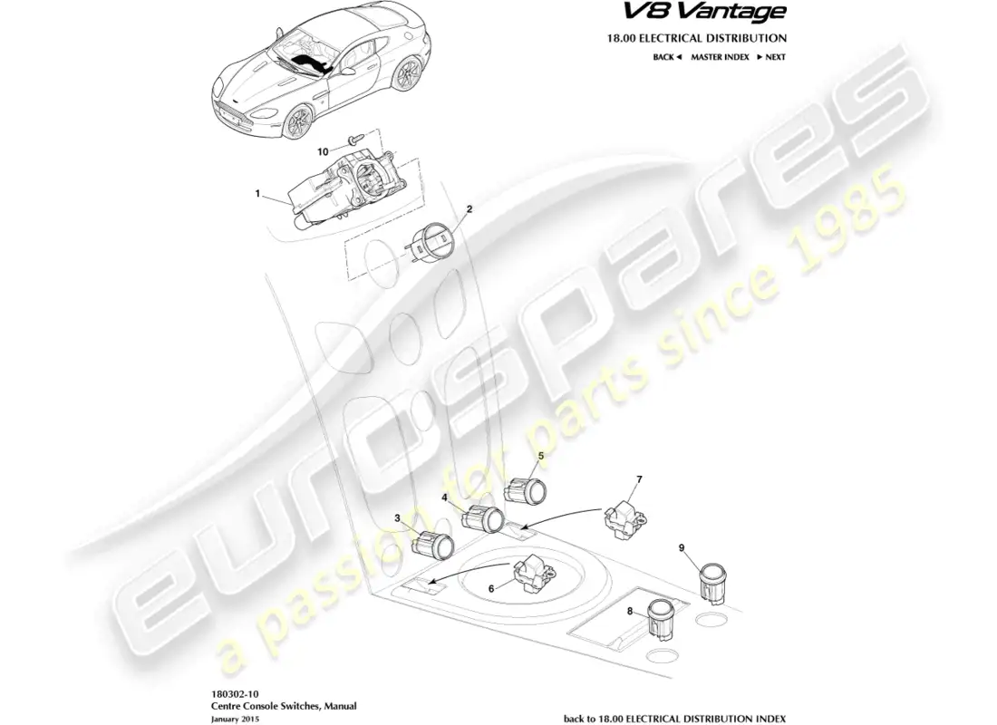 aston martin v8 vantage (2015) centre stack switches, manual, 16my part diagram