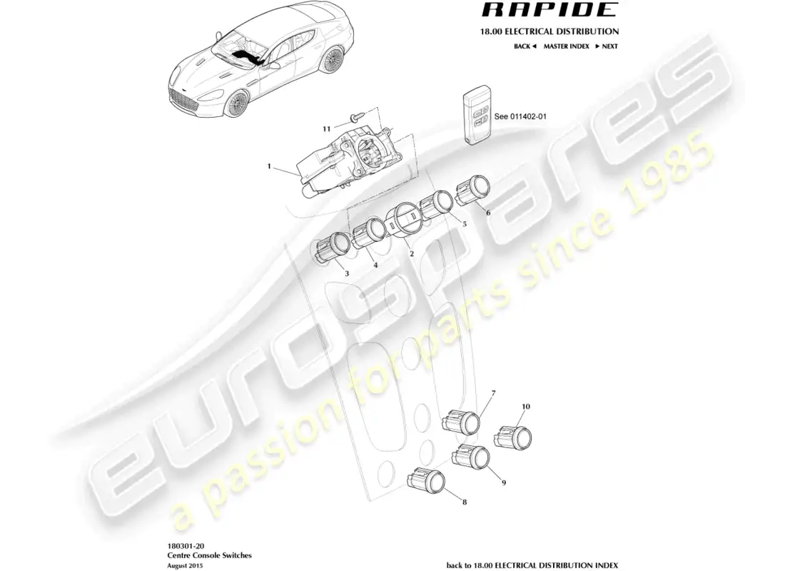 aston martin rapide (2012) centre console switches parts diagram