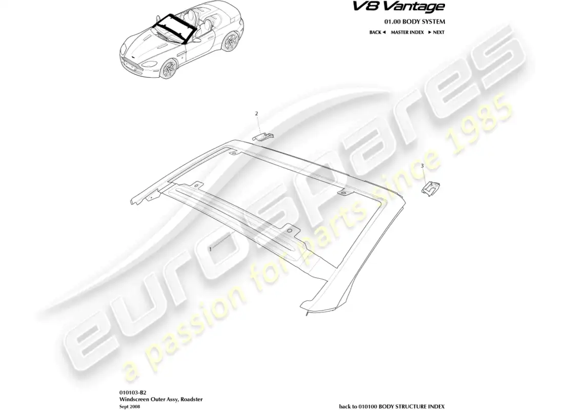 aston martin v8 vantage (2015) windscreen, outer, roadster part diagram