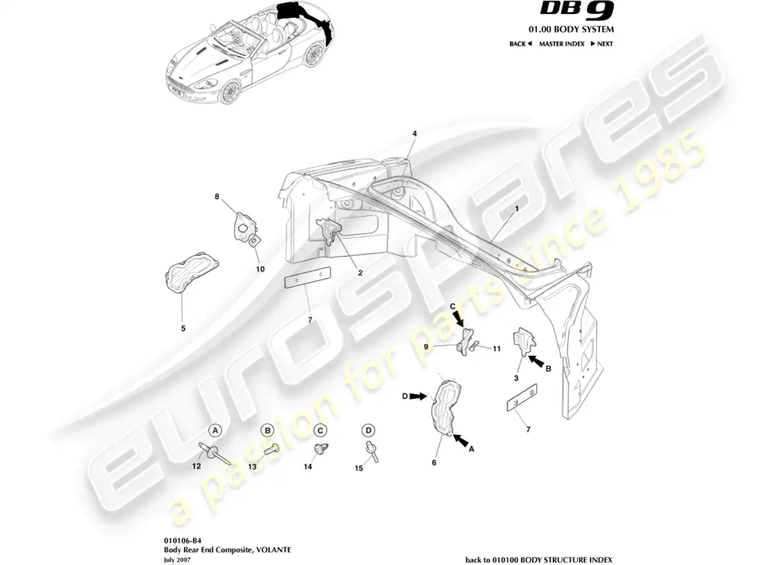 aston martin db9 (2005) body rear end composite, volante parts diagram