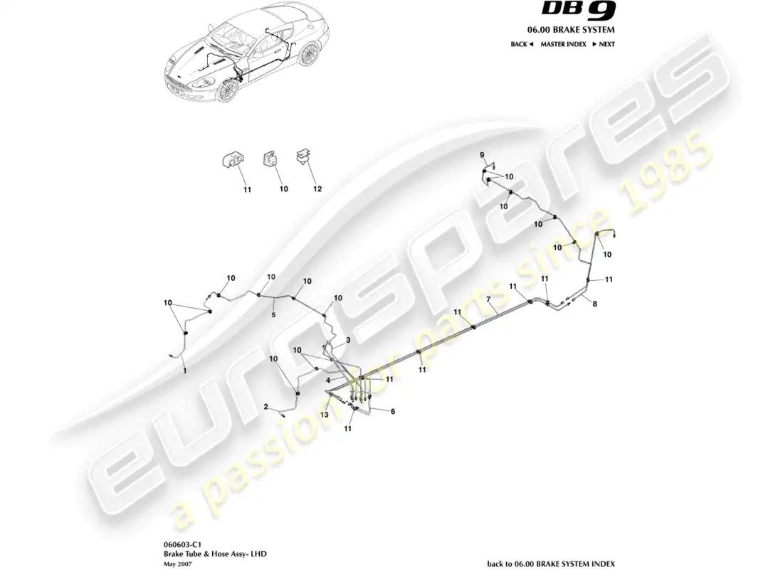 aston martin db9 (2010) brake lines & hoses, lhd parts diagram