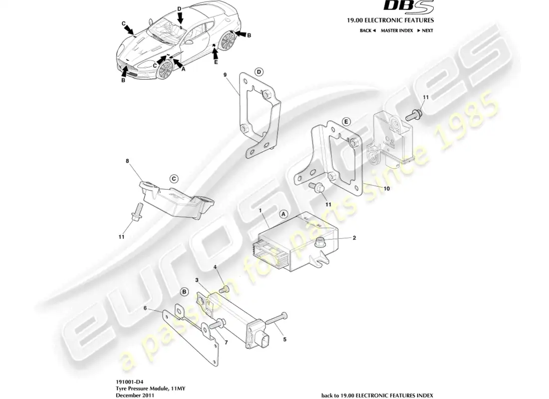 aston martin dbs (2008) tyre presure module, 11my parts diagram