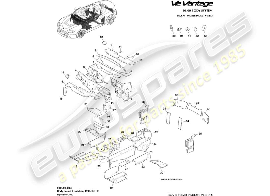 aston martin v12 vantage (2010) body insulation, roadster part diagram