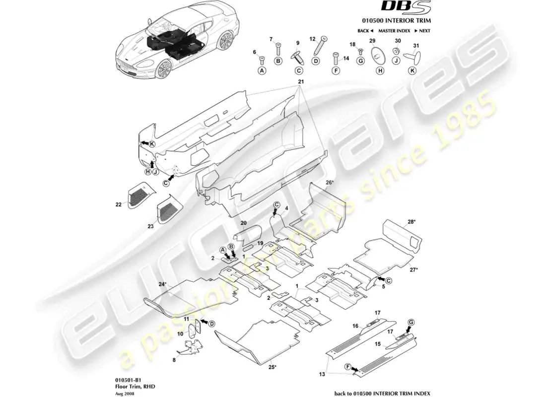 aston martin dbs (2010) floor trim, rhd parts diagram