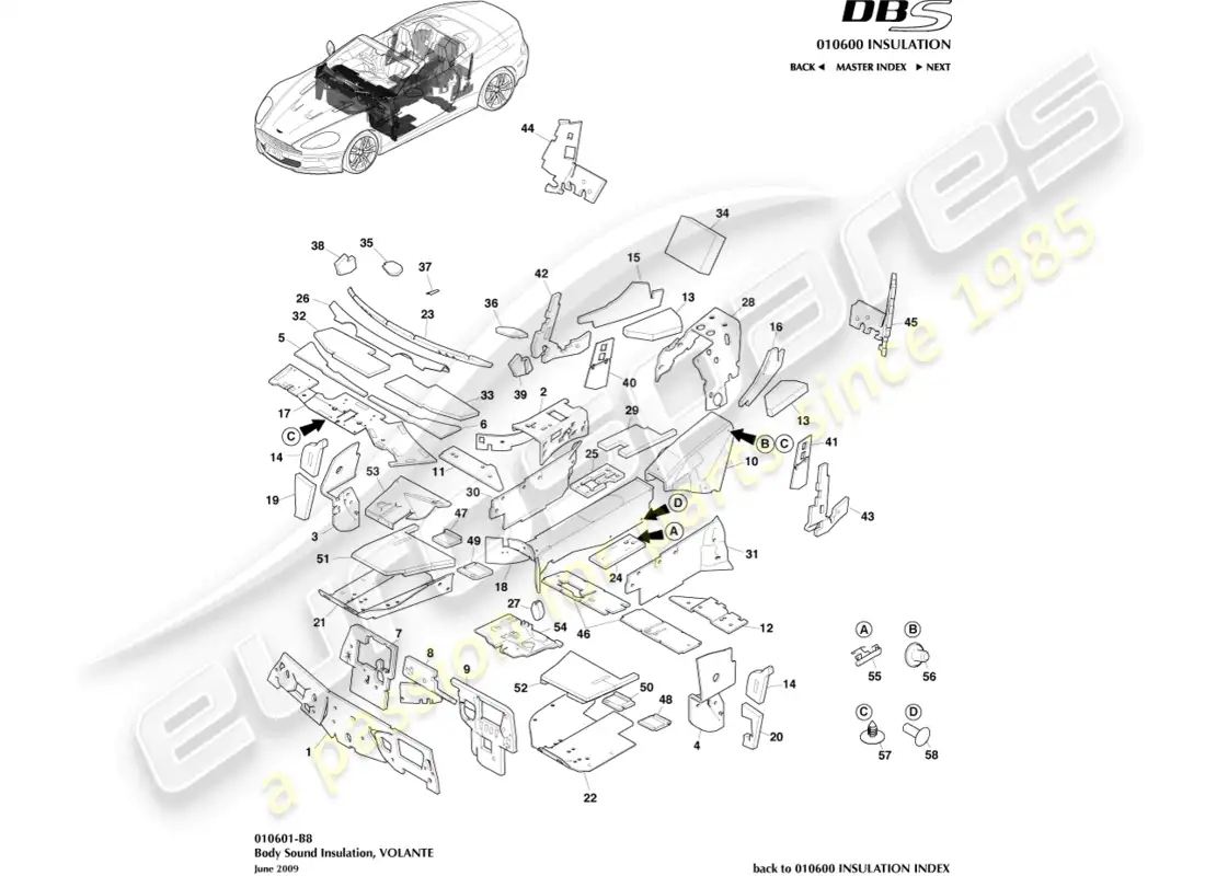 aston martin dbs (2012) body insulation, volante parts diagram