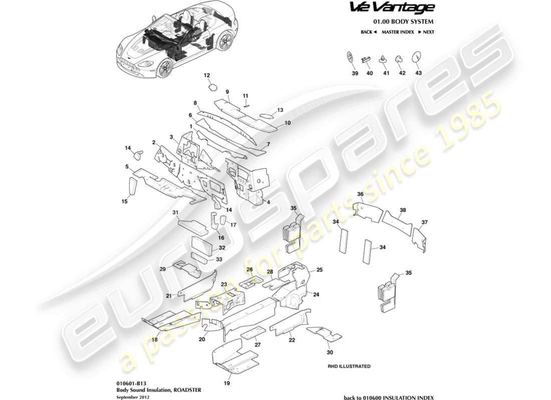 aston martin v12 vantage (2012) body insulation, roadster part diagram