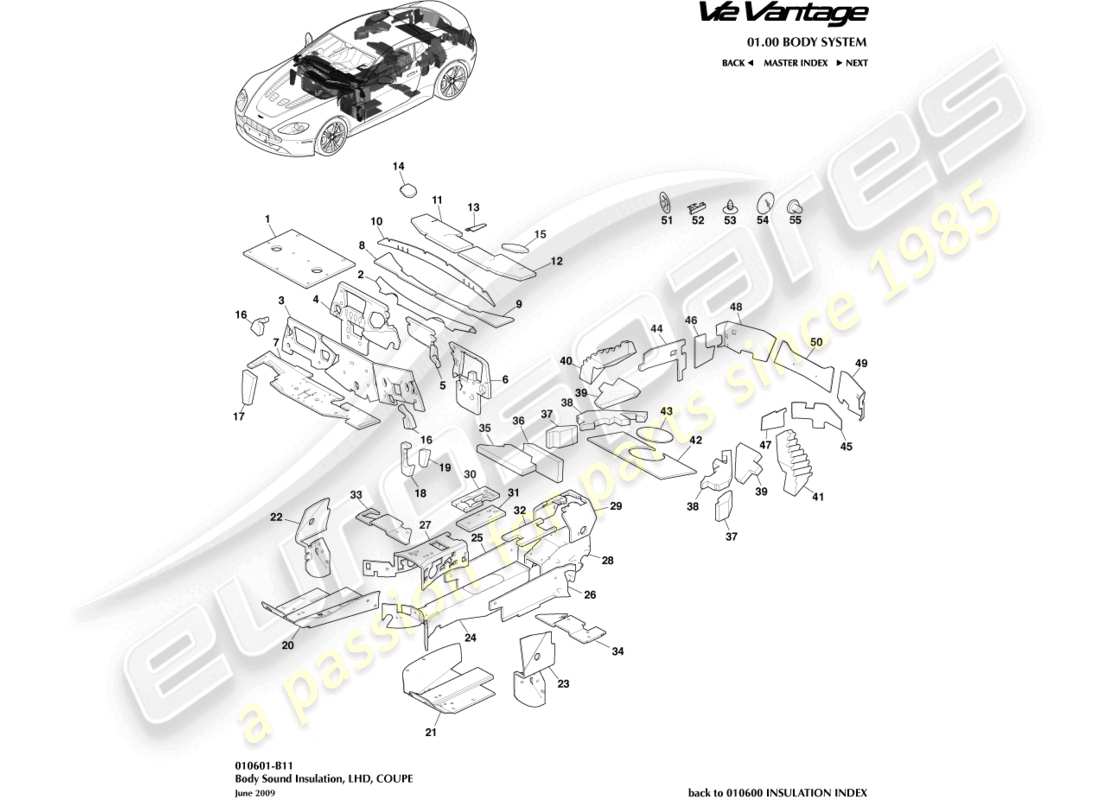 aston martin v12 vantage (2011) body insulation, coupe lhd part diagram
