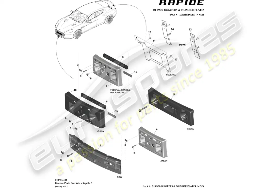 aston martin rapide (2011) number plate plinths, s parts diagram
