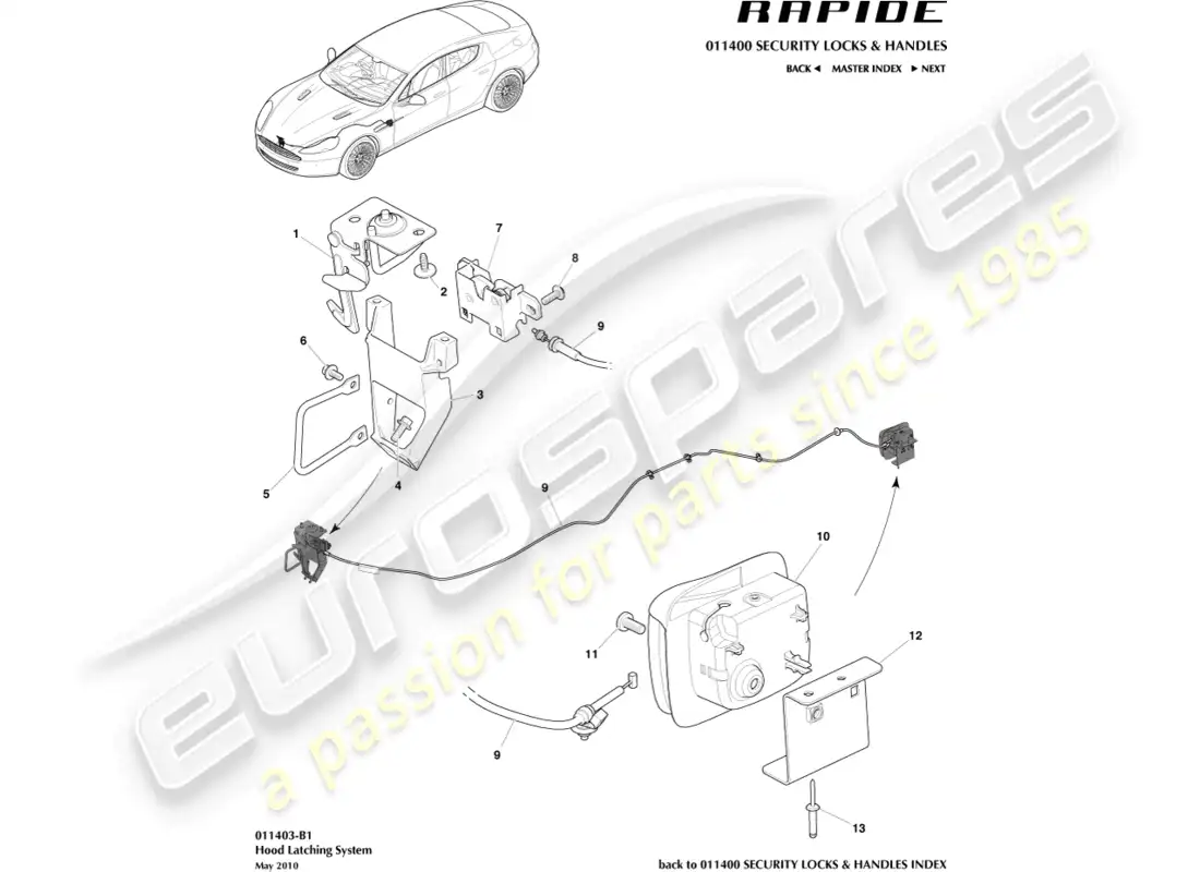 aston martin rapide (2012) hood latch system parts diagram