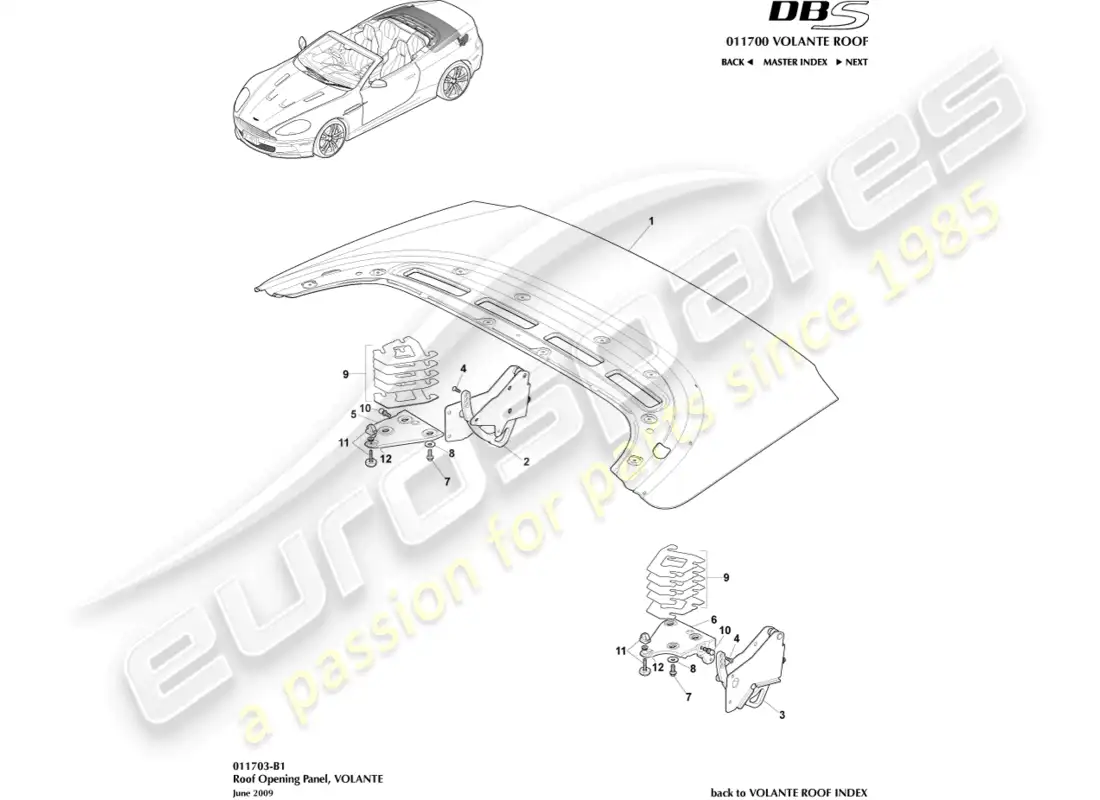 aston martin dbs (2010) roof opening panel parts diagram