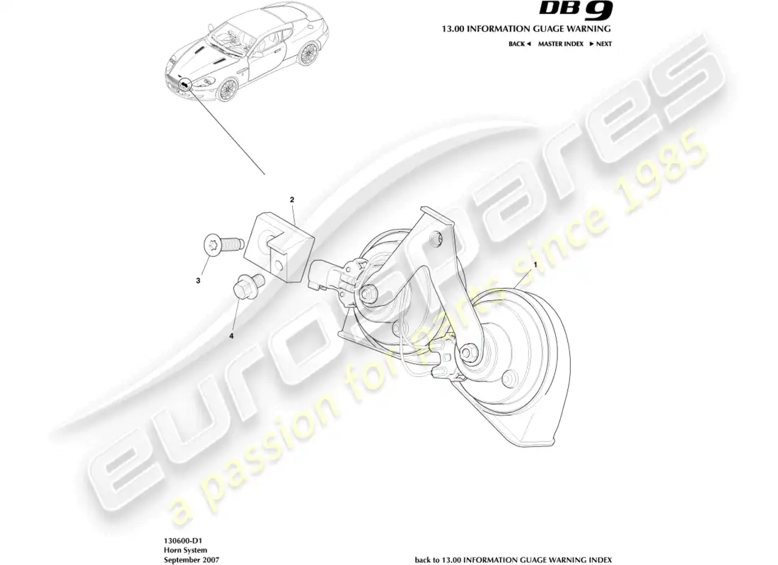 aston martin db9 (2004) horn system parts diagram