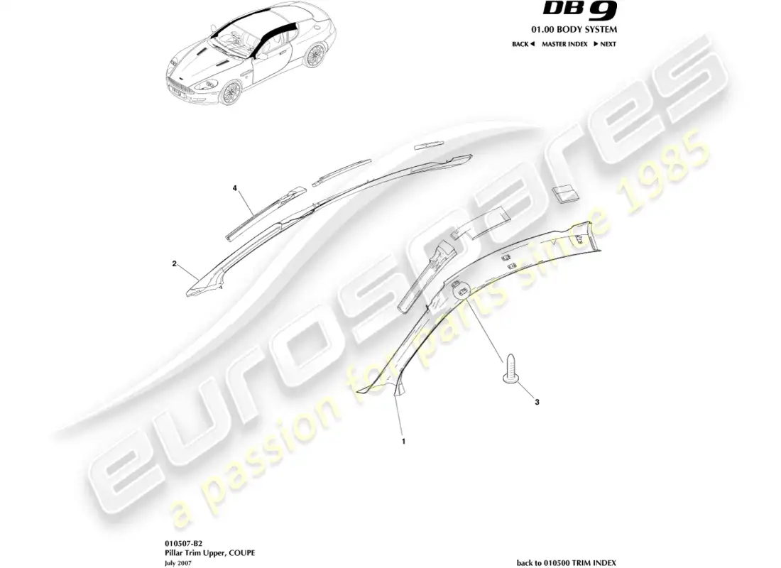 aston martin db9 (2006) pillar trim, upper, coupe parts diagram