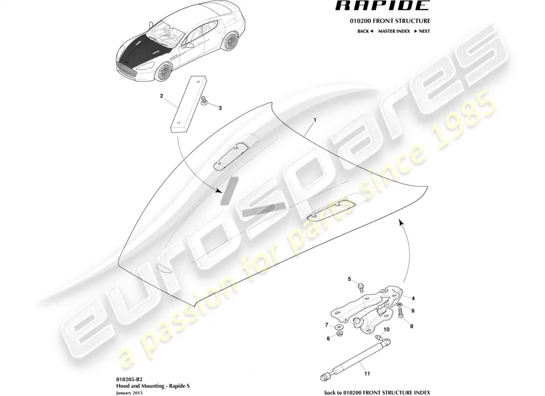 aston martin rapide (2013) bonnet and hinges, s parts diagram