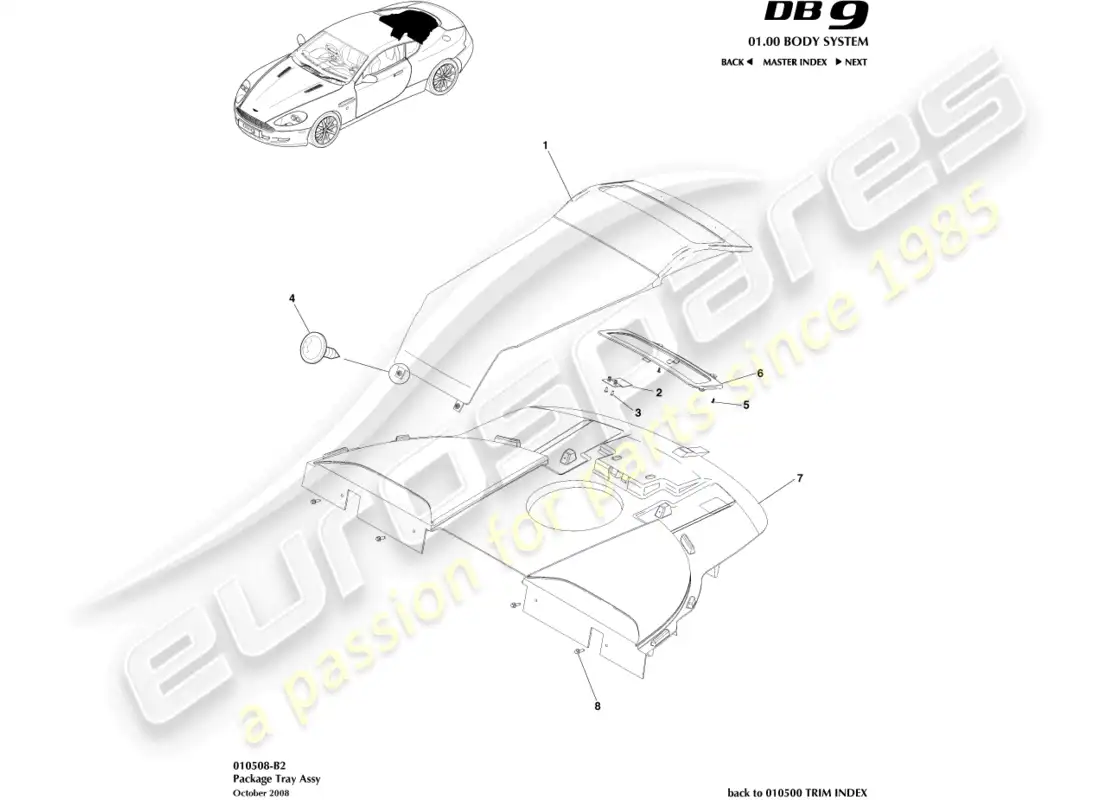 aston martin db9 (2006) package tray assembly parts diagram