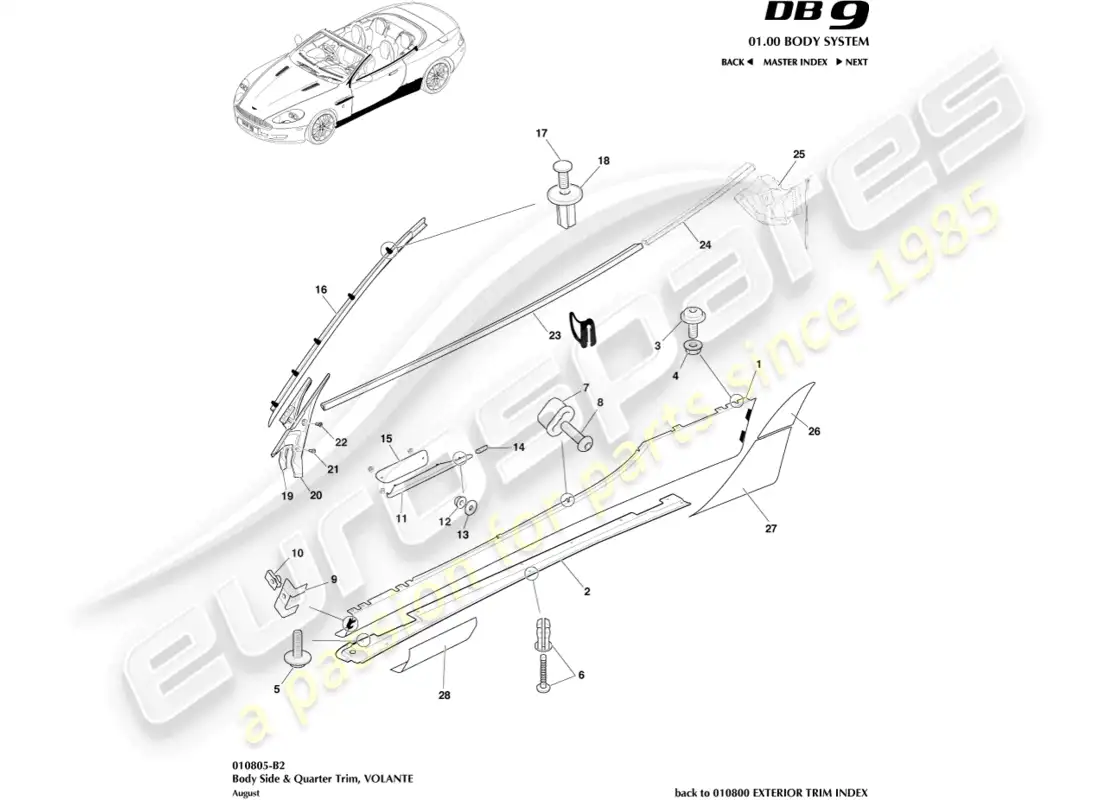 aston martin db9 (2005) bodyside & quarter trim, volante parts diagram