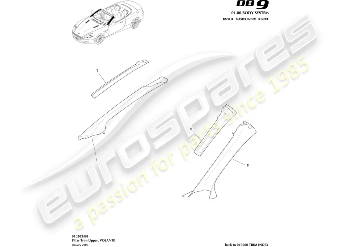 aston martin db9 (2004) pillar trim, upper, volante part diagram