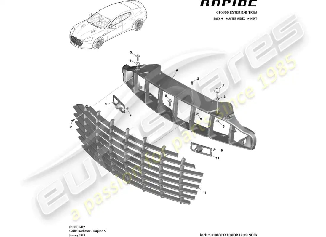 aston martin rapide (2019) radiator grille, s parts diagram