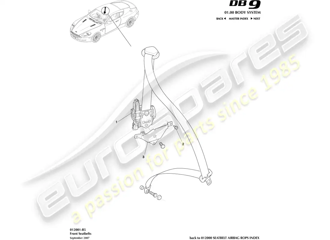 aston martin db9 (2011) front seat belts parts diagram