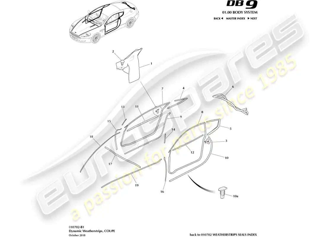 aston martin db9 (2007) dynamic weatherstrips, coupe parts diagram