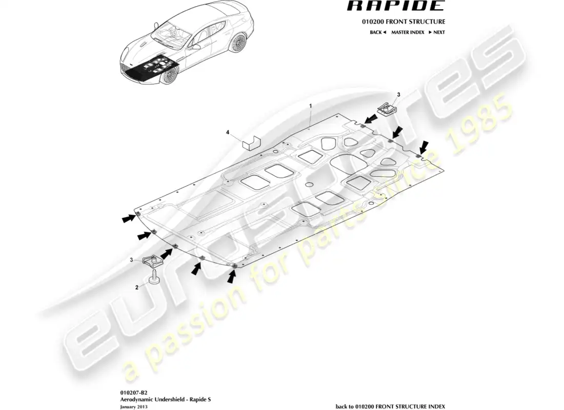 aston martin rapide (2013) front undershield, s parts diagram