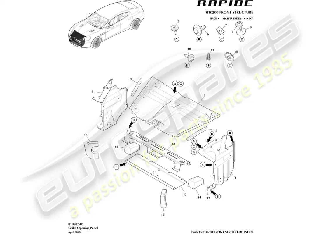 aston martin rapide (2013) grille opening panel parts diagram