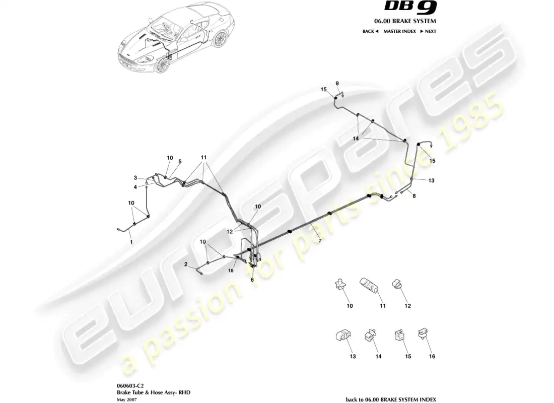 aston martin db9 (2010) brake lines & hoses, rhd parts diagram