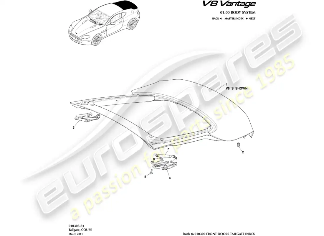 aston martin v8 vantage (2015) tailgate, coupe part diagram