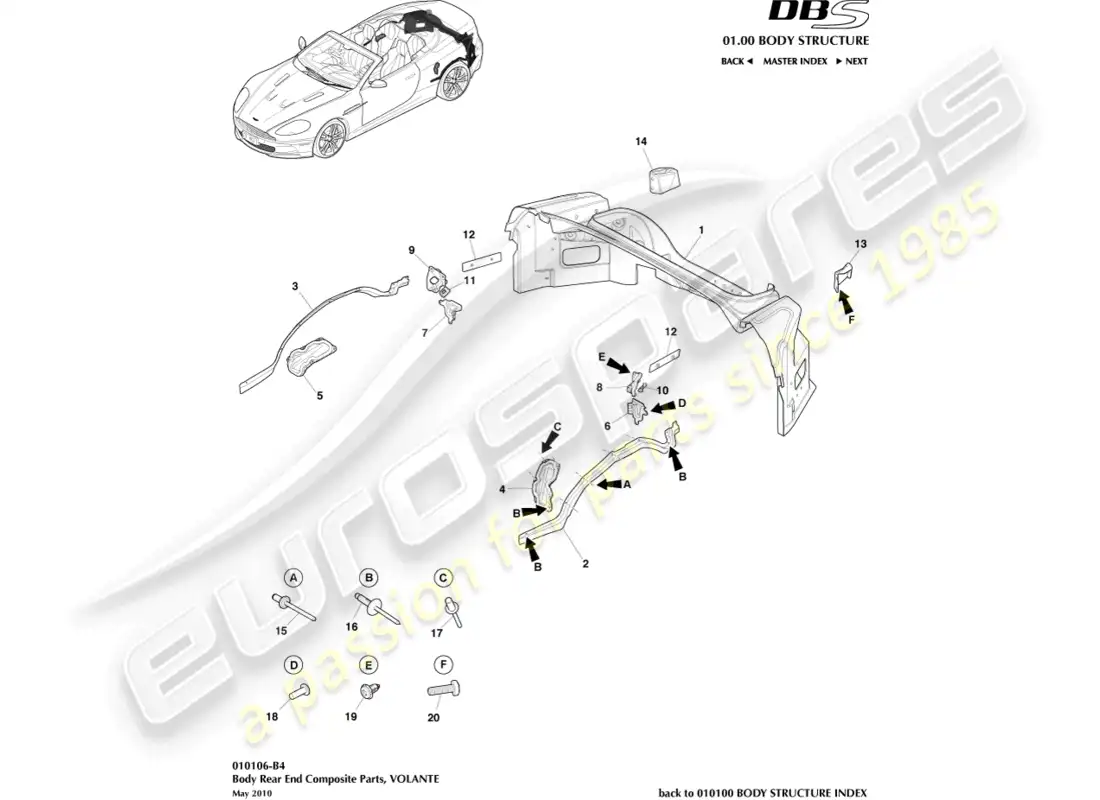 aston martin dbs (2009) body rear end composite, volante parts diagram