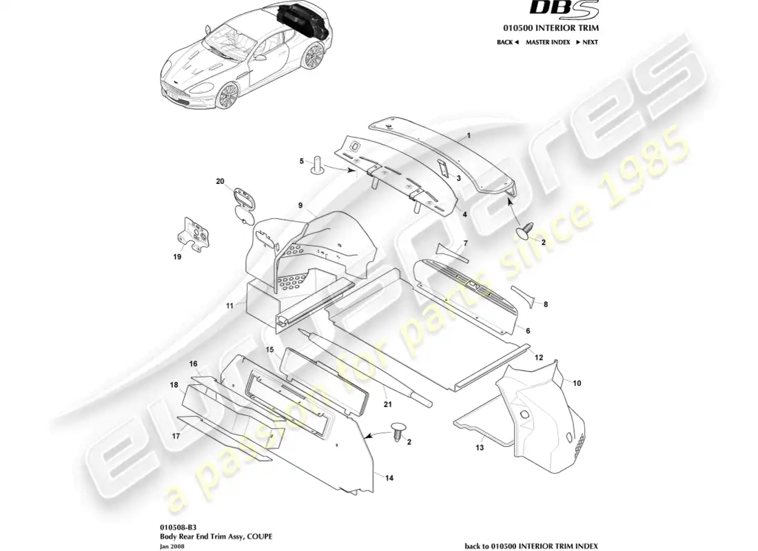 aston martin dbs (2012) rear end trim, coupe parts diagram