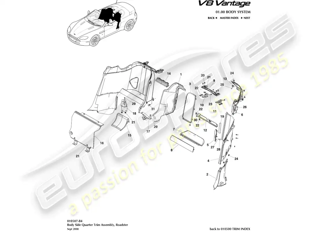 aston martin v8 vantage (2015) body side quarter trim, roadster part diagram
