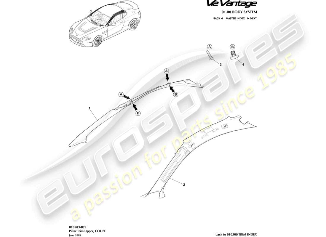 aston martin v12 vantage (2011) pillar trim, upper, coupe part diagram