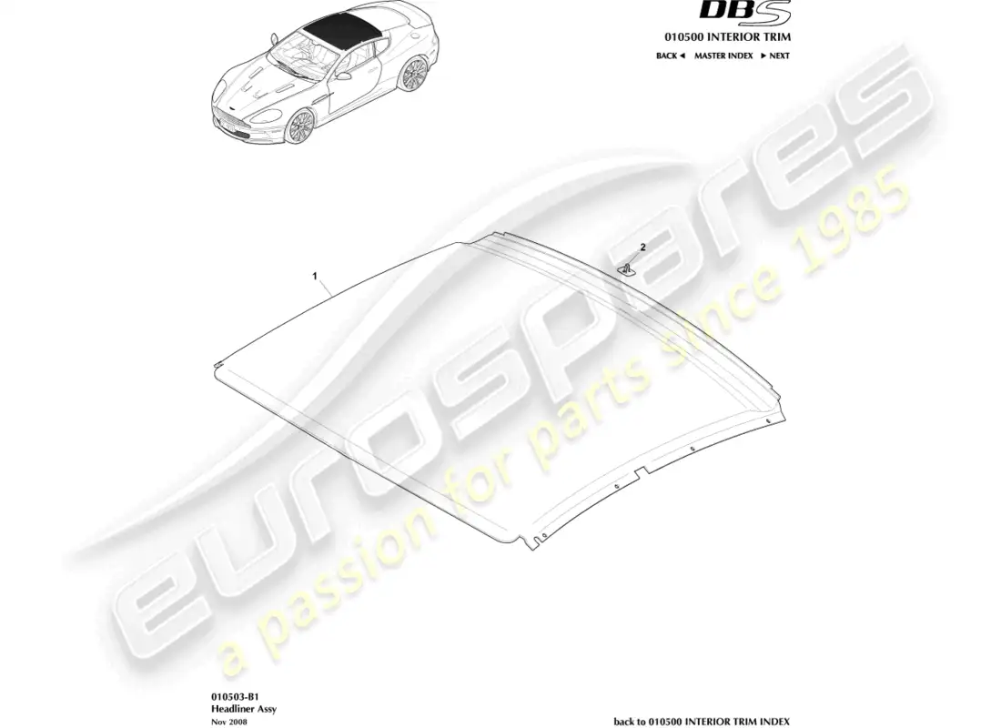aston martin dbs (2010) headliner assy parts diagram