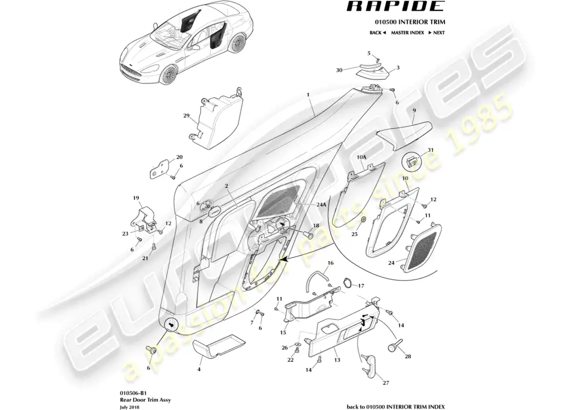 aston martin rapide (2012) rear door trim panel parts diagram