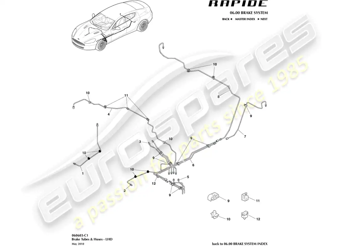 aston martin rapide (2018) brake lines & hoses, lhd parts diagram