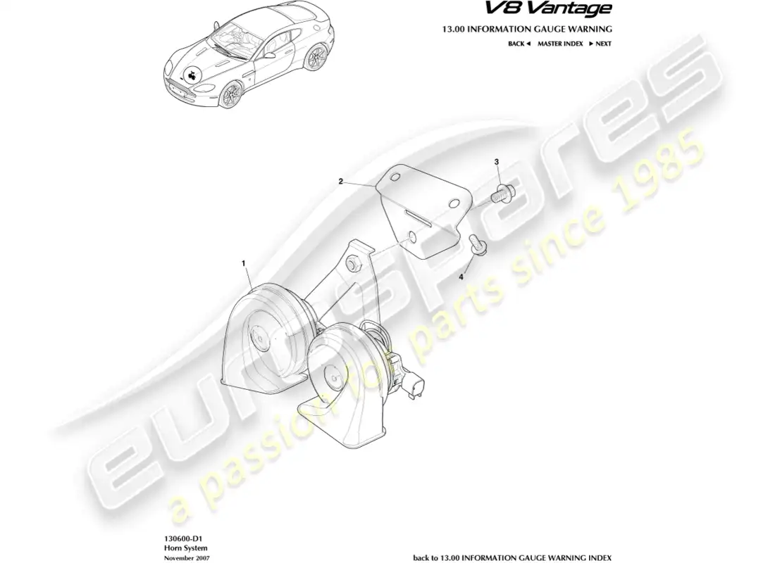 aston martin v8 vantage (2015) horn system part diagram