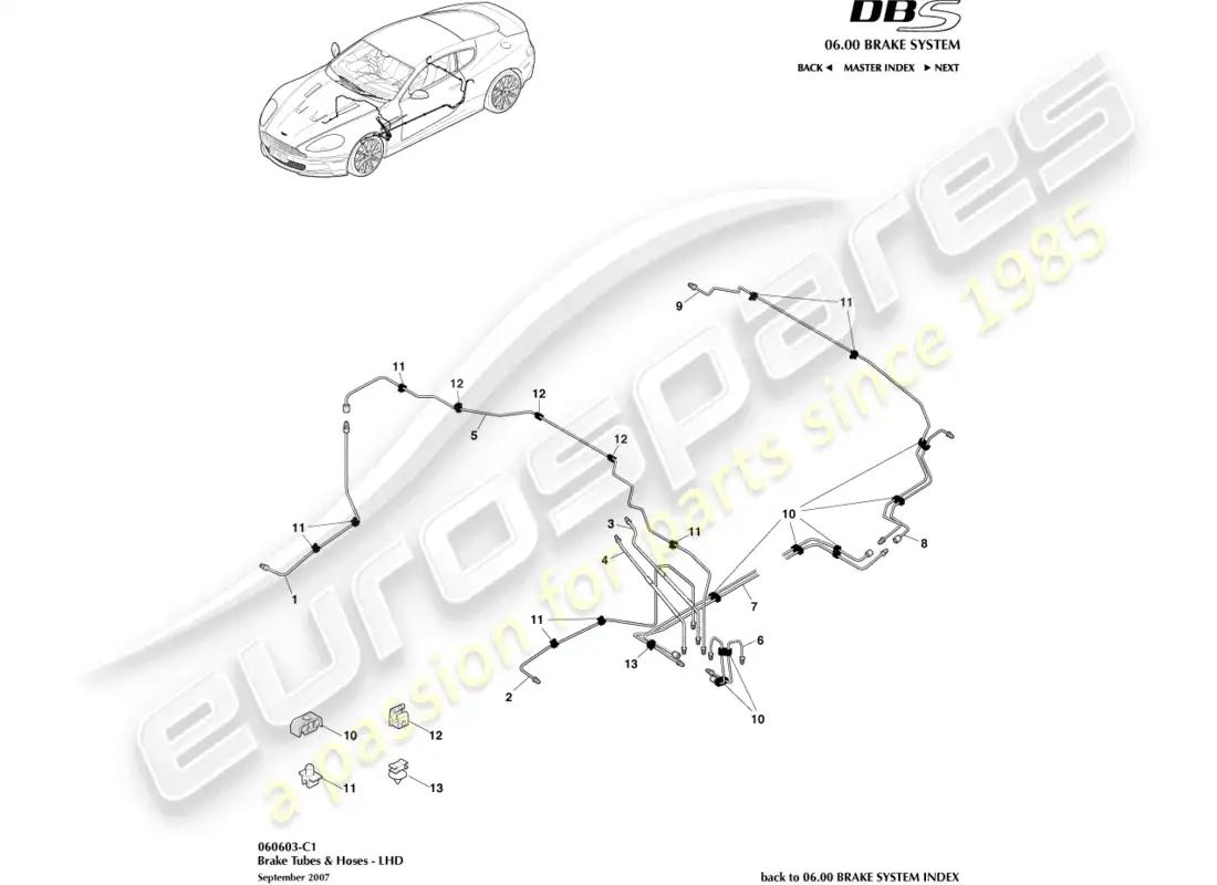 aston martin dbs (2011) brake lines & hoses, lhd parts diagram