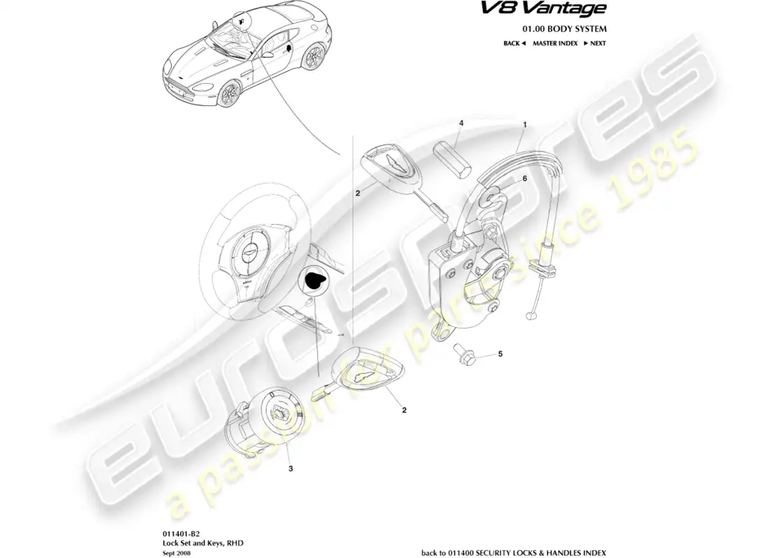 aston martin v8 vantage (2015) lock set and keys, rhd part diagram