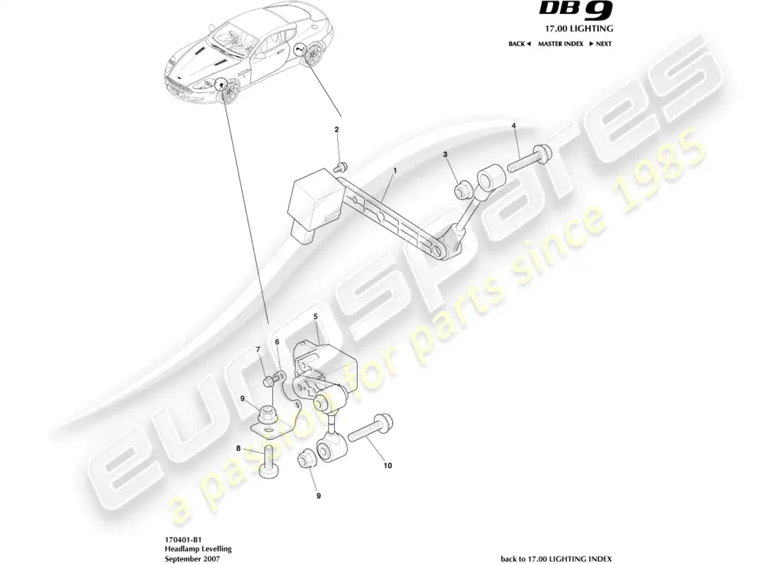 aston martin db9 (2009) headlamp leveling parts diagram