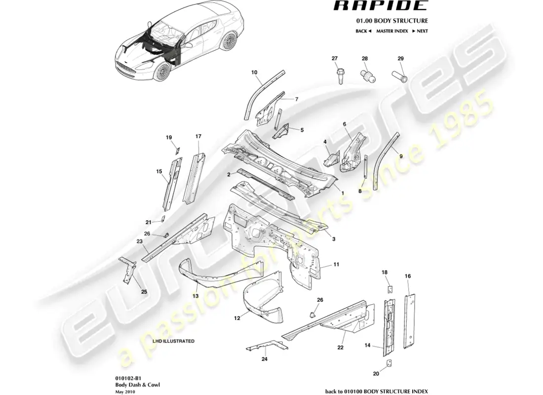 aston martin rapide (2017) body dash & cowl parts diagram