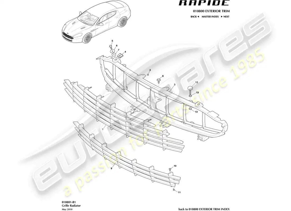 aston martin rapide (2019) radiator grille parts diagram