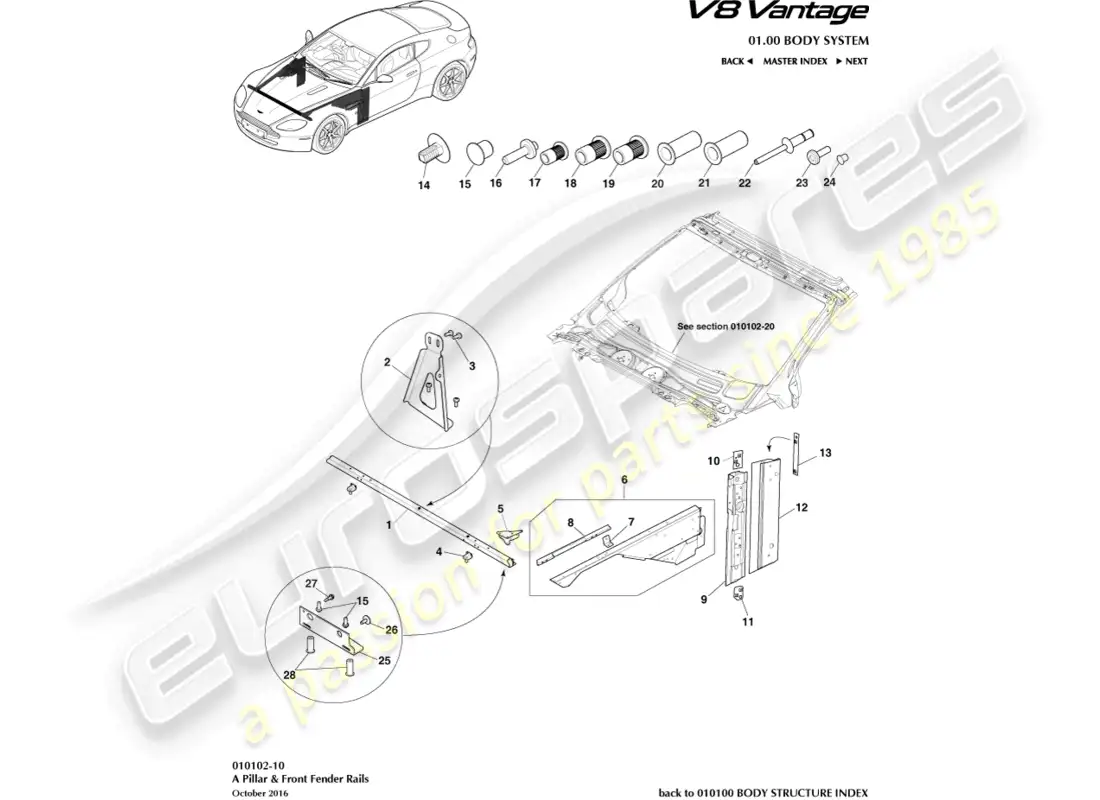 aston martin v8 vantage (2015) a pillar & fender rails part diagram